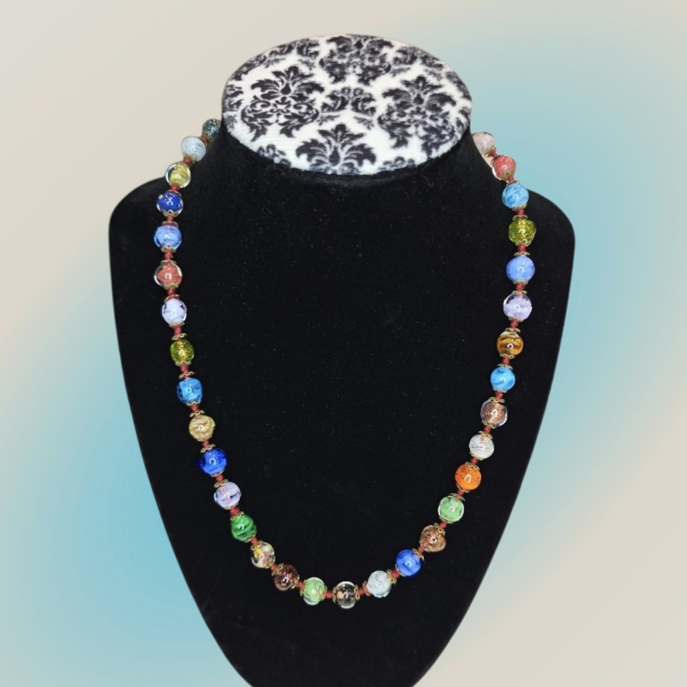 1950s Italian Murano Multicolor Blown Glass Beaded Strand Necklace